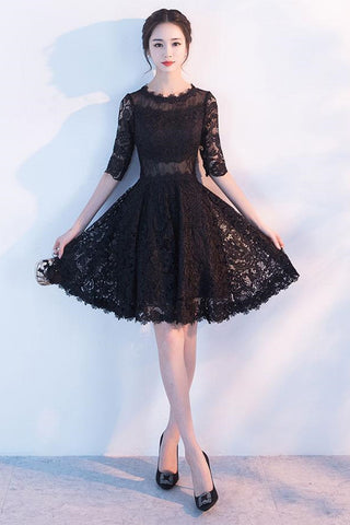 Half Sleeves Black Lace Short Prom Dresses, Black Lace Homecoming Dresses, Black Formal Graduation Evening Dresses
