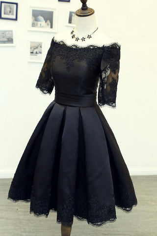 Half Sleeves Black Lace Short Prom Dresses, Black Lace Homecoming Dresses, Short Black Formal Evening Dresses