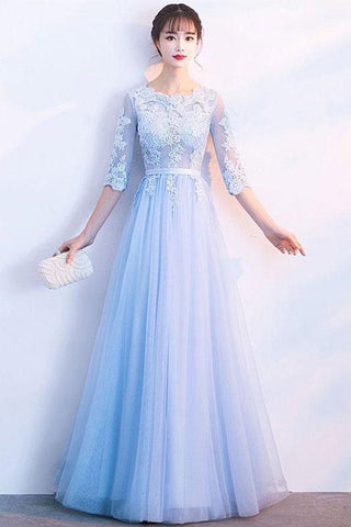 Half Sleeves Blue Lace Long Prom Dresses, Blue Lace Formal Dresses, Blue Evening Dresses