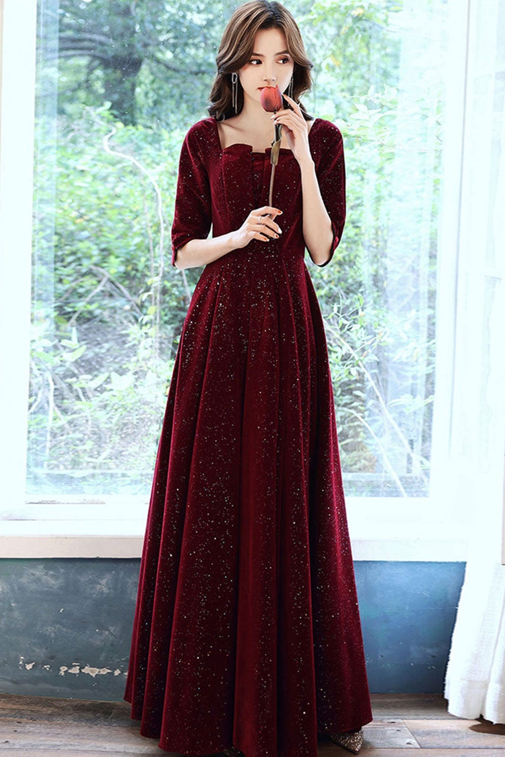 Half Sleeves Burgundy Velvet Long Prom Dresses, Burgundy Velvet Formal Lwt Dress Half Sleeves Burgundy Velvet Long Prom Dresses, Burgundy Velvet Formal Lwt Dress
