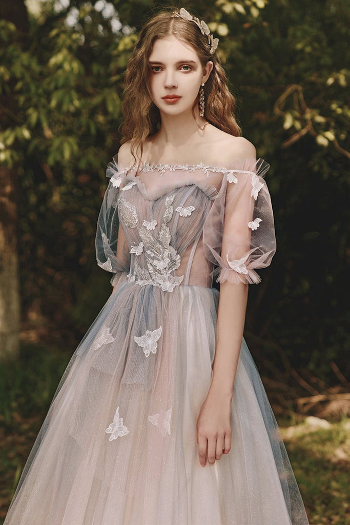 half lace prom dress Pink Half Sleeves Off Shoulder Lace Tulle A-line Long Prom Dress with Appliques, MP323