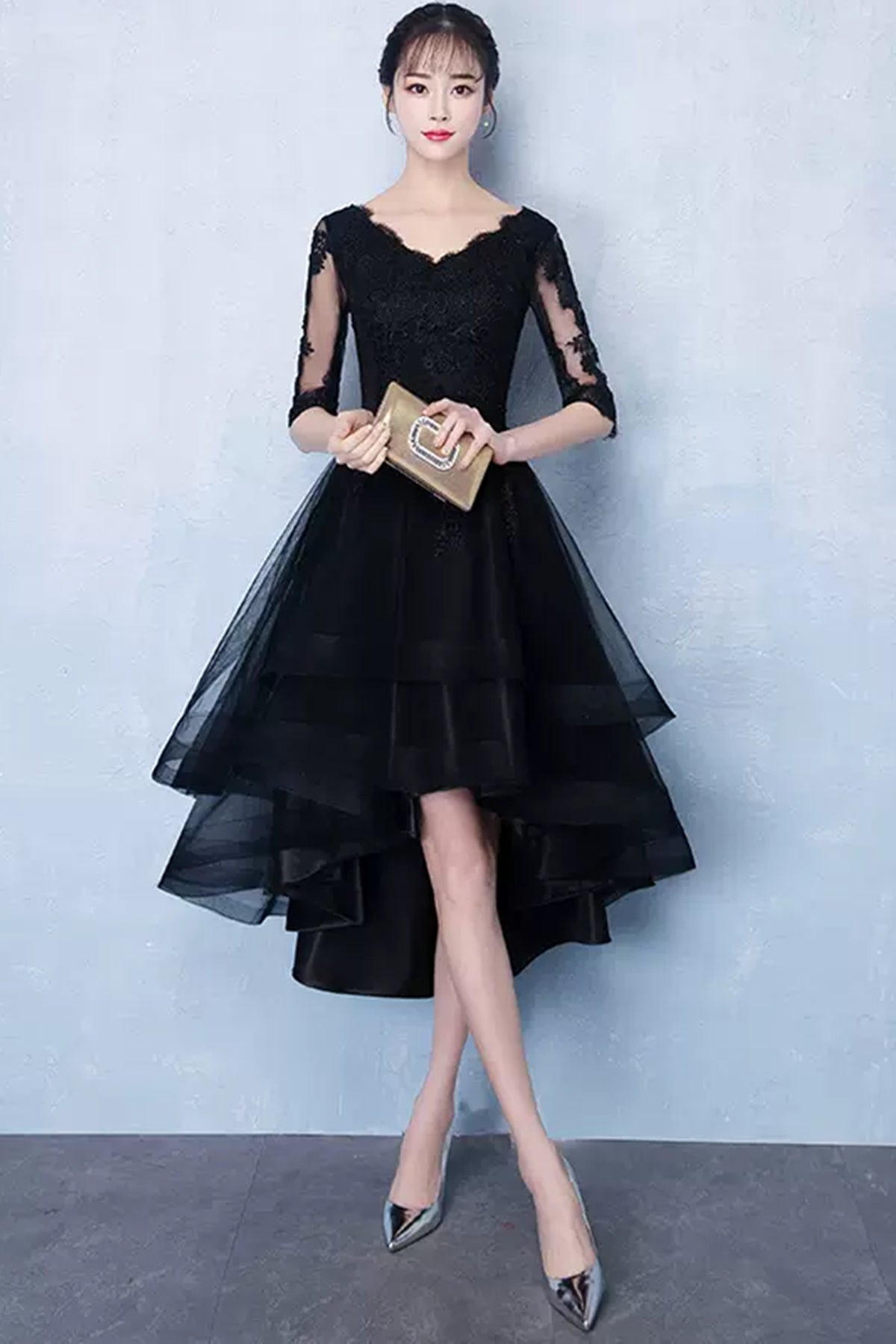 Half Sleeves High Low Black Lace Short Prom Dresses, Black Lace Homeco Lwt Dress Half Sleeves High Low Black Lace Short Prom Dresses, Black Lace Homeco Lwt Dress
