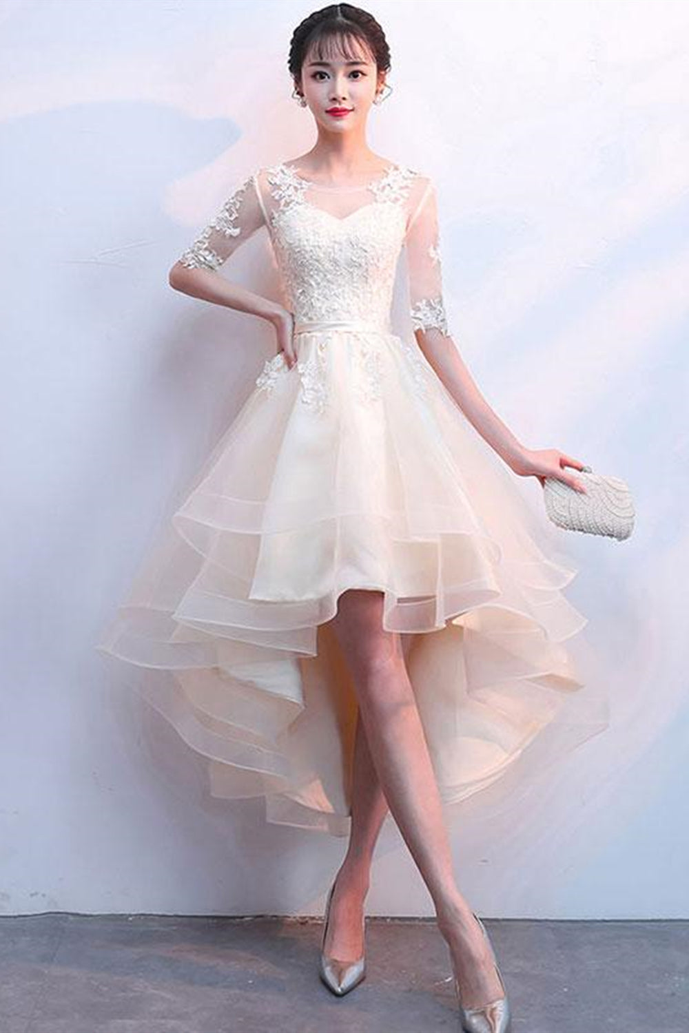 Half Sleeves High Low Champagne Lace Prom Dresses, High Low Champagne Lwt Dress Half Sleeves High Low Champagne Lace Prom Dresses, High Low Champagne Lwt Dress