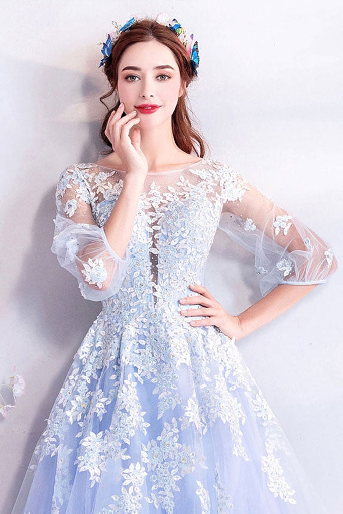 half lace prom dress Half Sleeves Navy Blue Long Lace Prom Dresses, Navy Blue Lace Formal Bridesmaid Dresses, US 4 / Custom Color / With Rush+$19.99