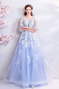 Half Sleeves Light Blue Lace Long Prom Dresses, Light Blue Tulle Lace Formal Dresses, Light Blue Evening Dresses