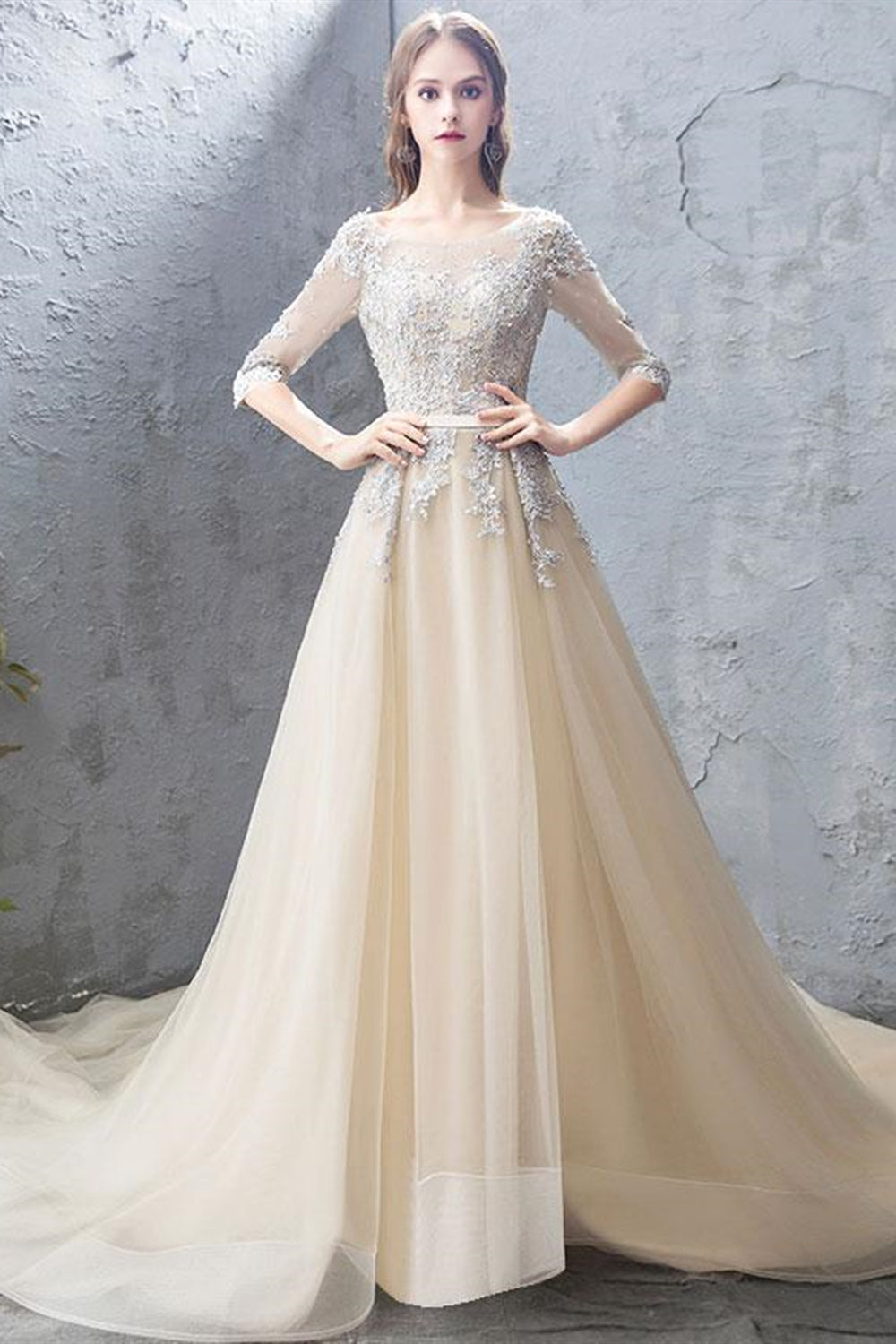 Half Sleeves Open Back Champagne Lace Long Prom Dresses, Champagne Lace Formal Dresses, Champagne Evening Dresses
