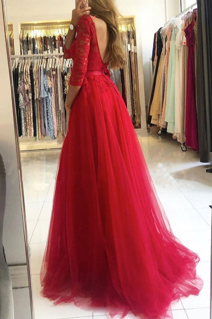 Half Sleeves Open Back Red Lace Long Prom Dresses with High Slit, Red Lwt Dress Half Sleeves Open Back Red Lace Long Prom Dresses with High Slit, Red Lwt Dress