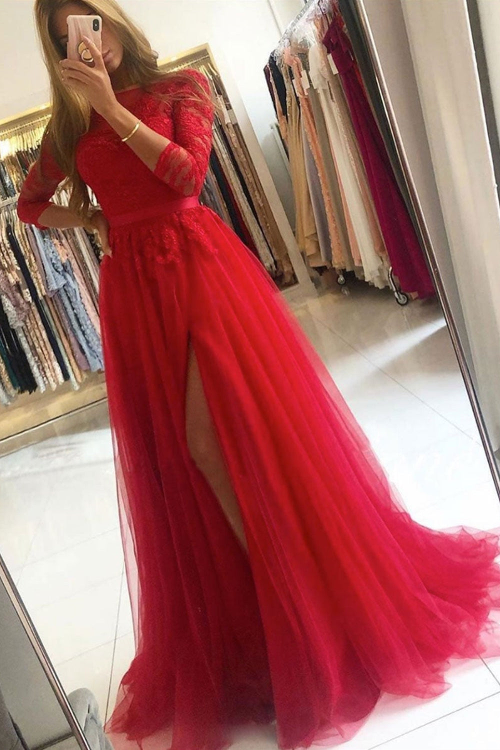 Half Sleeves Open Back Red Lace Long Prom Dresses with High Slit, Red Lace Formal Dresses, Red Evening Dresses