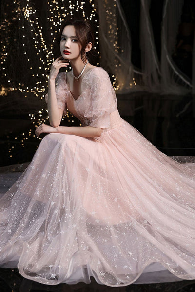 Half Sleeves Pink Lace Long Prom Dresses, Long Sleeves Pink Formal Dresses, Pink Lace Evening Dresses