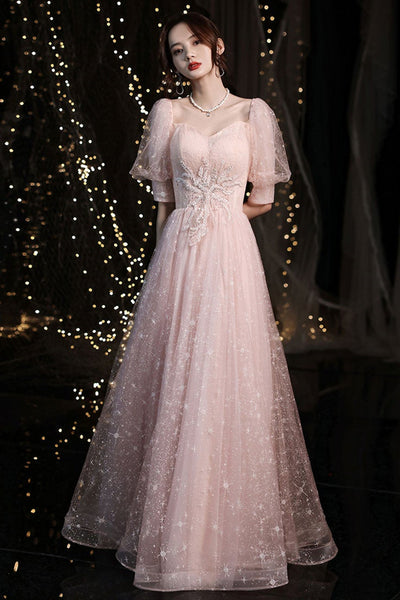 Half Sleeves Pink Lace Long Prom Dresses, Long Sleeves Pink Formal Dresses, Pink Lace Evening Dresses