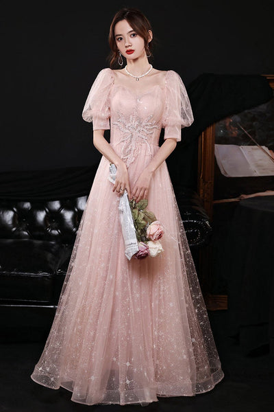 Half Sleeves Pink Lace Long Prom Dresses, Long Sleeves Pink Formal Dresses, Pink Lace Evening Dresses