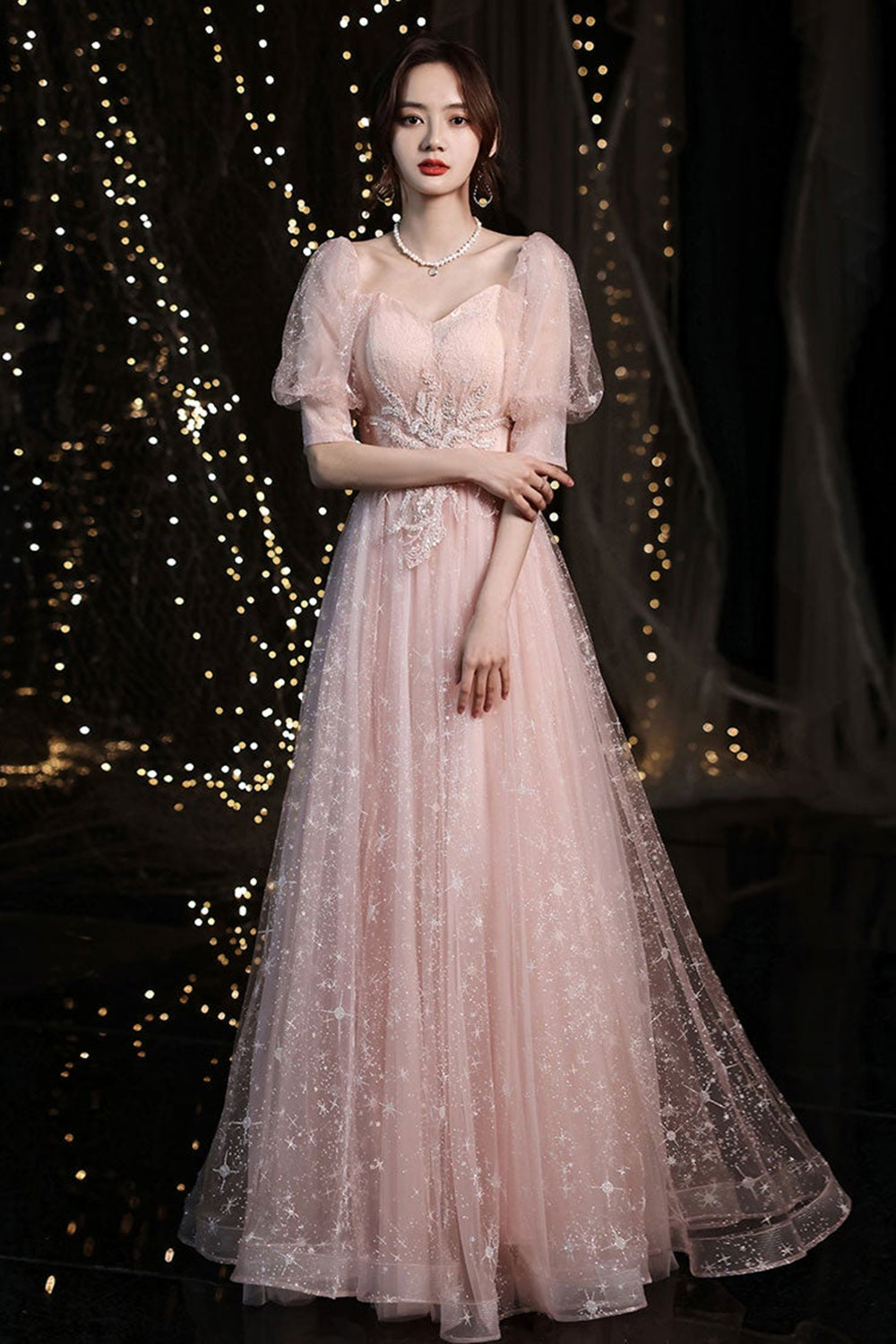 Half Sleeves Pink Lace Long Prom Dresses, Long Sleeves Pink Formal Dre Lwt Dress Half Sleeves Pink Lace Long Prom Dresses, Long Sleeves Pink Formal Dre Lwt Dress
