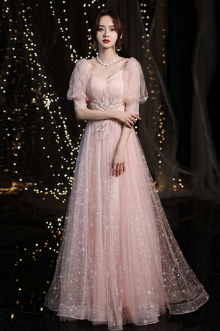 Half Sleeves Pink Lace Long Prom Dresses, Long Sleeves Pink Formal Dresses, Pink Lace Evening Dresses