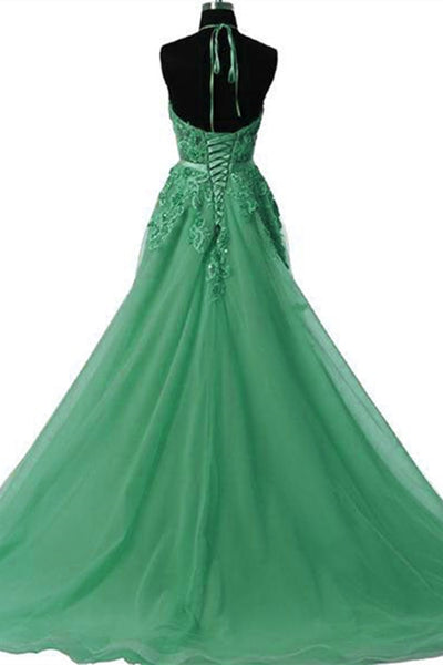 Halter Neck Backless Green Lace Long Prom Dresses, Green Lace Formal Dresses, Green Evening Dresses