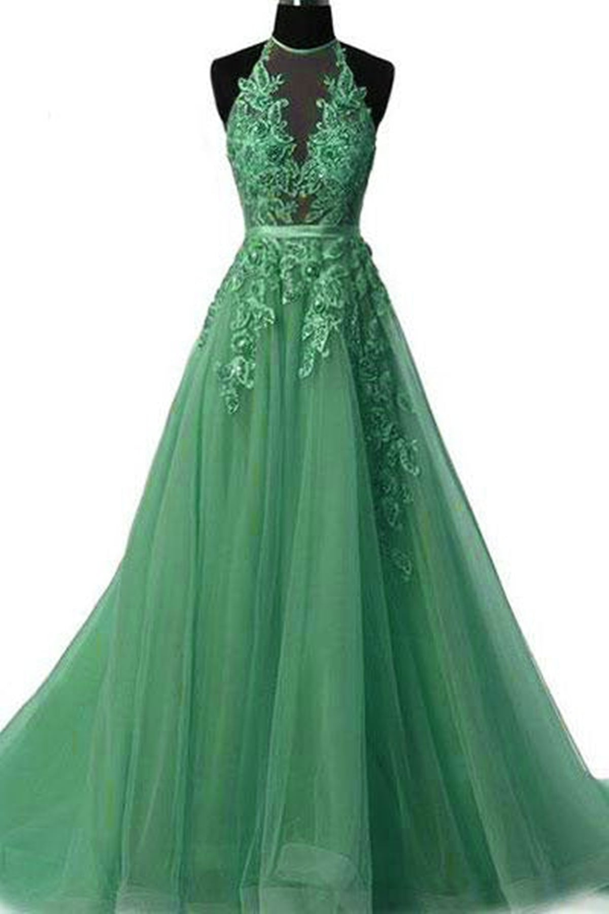 Halter Neck Backless Green Lace Long Prom Dresses, Green Lace Formal Dresses, Green Evening Dresses
