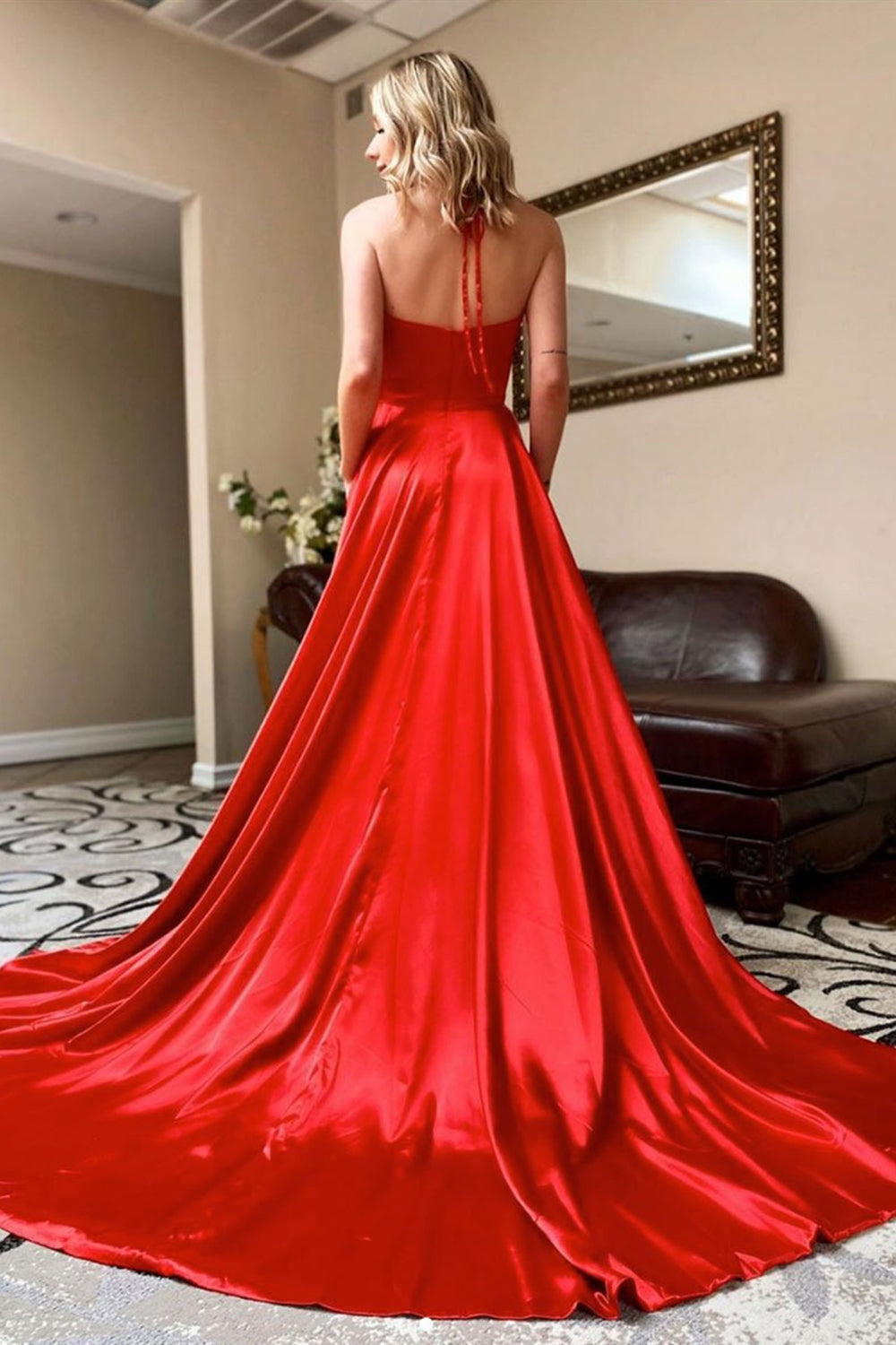 Halter Neck Backless Red Satin Long Prom Dresses, V Neck Red Formal Dresses, Red Evening Dresses