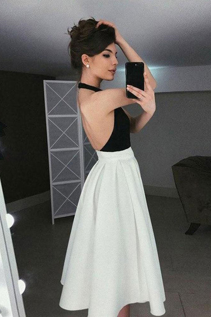 Halter Neck Backless White and Black Short Prom Homecoming Dresses, Bl Lwt Dress Halter Neck Backless White and Black Short Prom Homecoming Dresses, Bl Lwt Dress