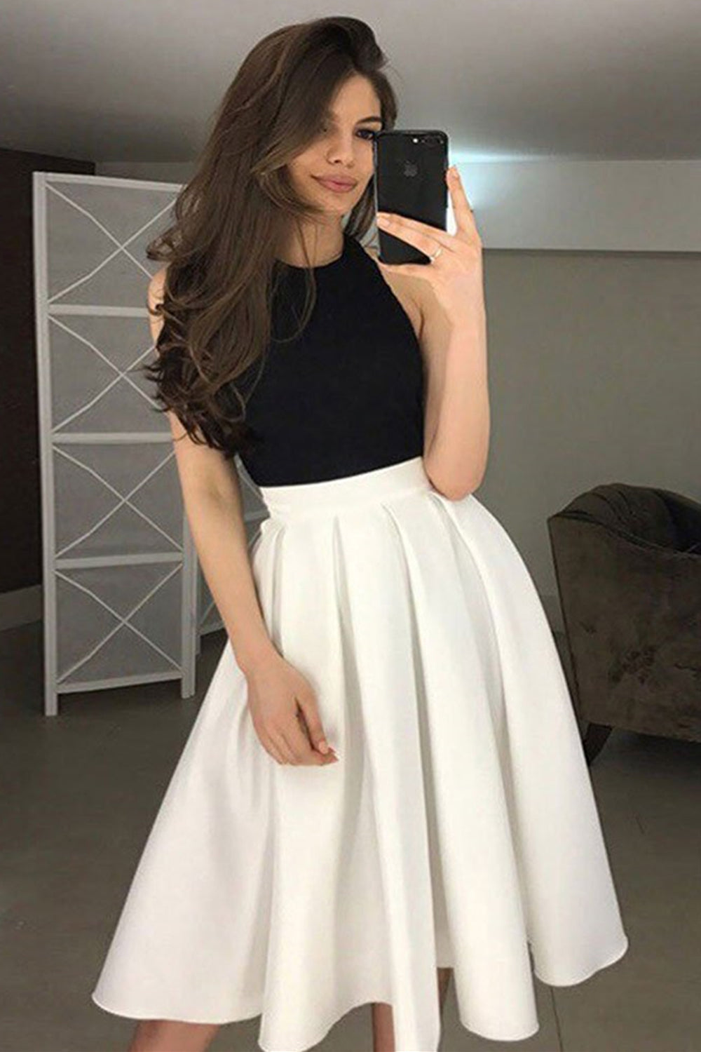 Halter Neck Backless White and Black Short Prom Homecoming Dresses, Bl Lwt Dress Halter Neck Backless White and Black Short Prom Homecoming Dresses, Bl Lwt Dress