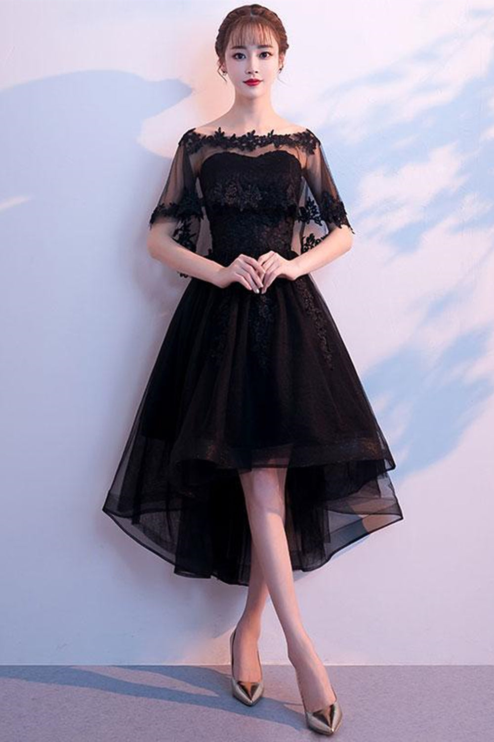 Black Tulle Lace High-Low Party Dress, Cute Short Sleeve Homecoming Dress US 10 / Black