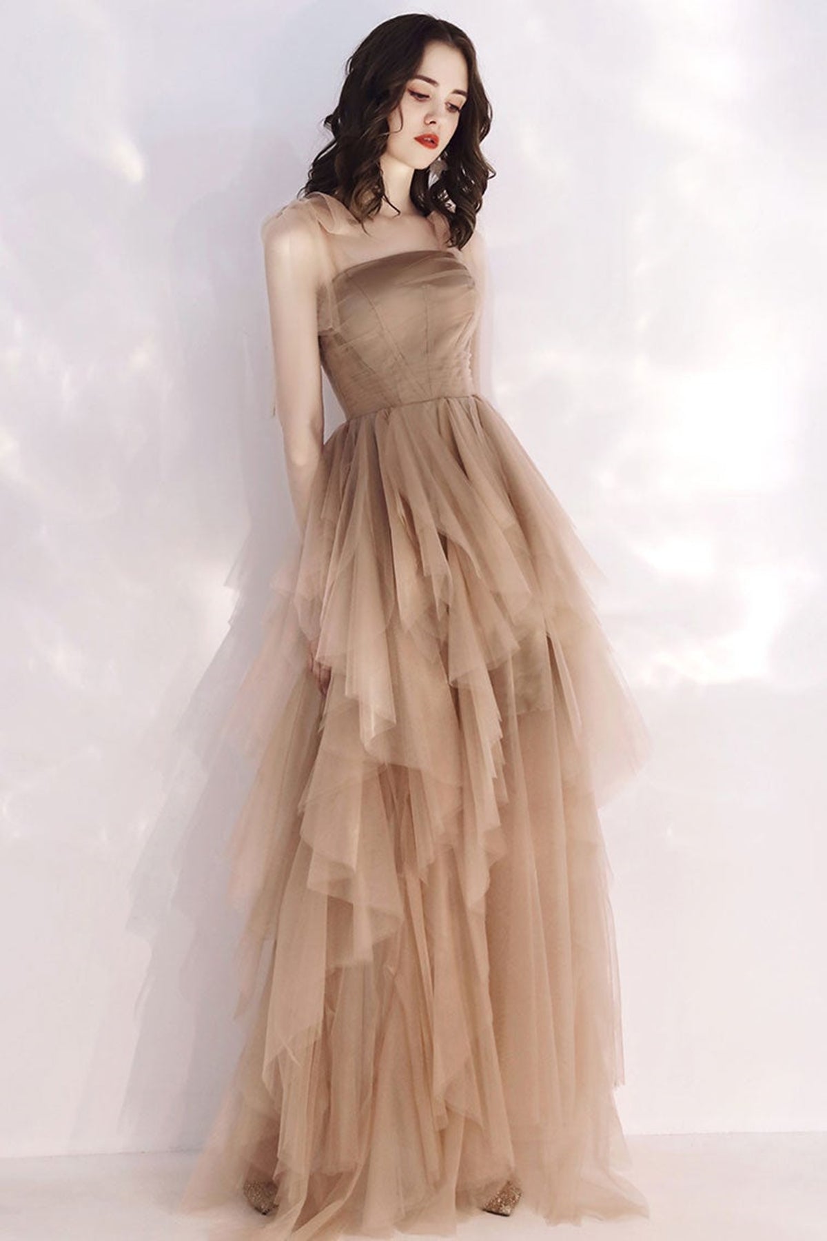 High Low Champagne Tulle Long Prom Dresses, Long Champagne Formal Graduation Evening Dresses