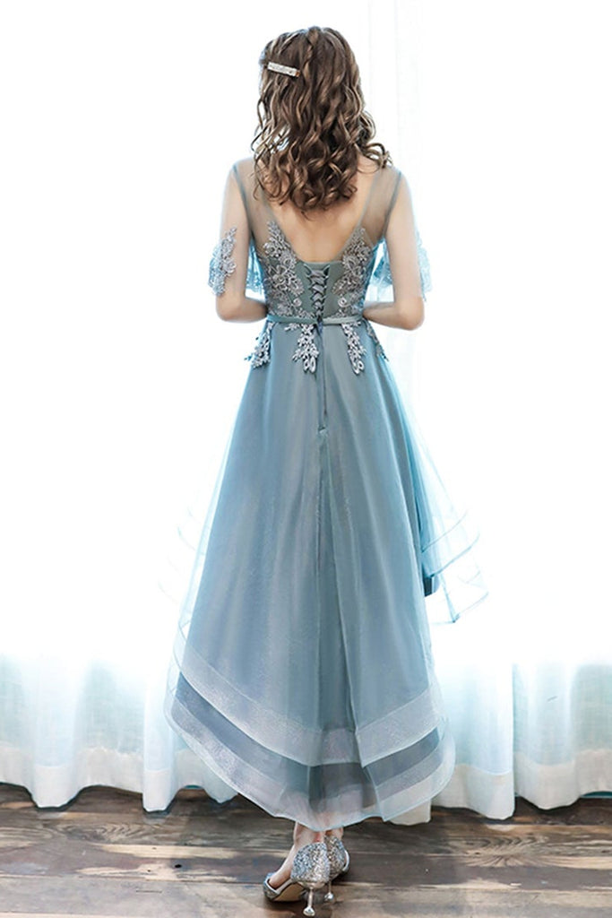 High Low Half Sleeves Lace Short Prom Dresses, High Low Lace Homecomin Lwt Dress High Low Half Sleeves Lace Short Prom Dresses, High Low Lace Homecomin Lwt Dress