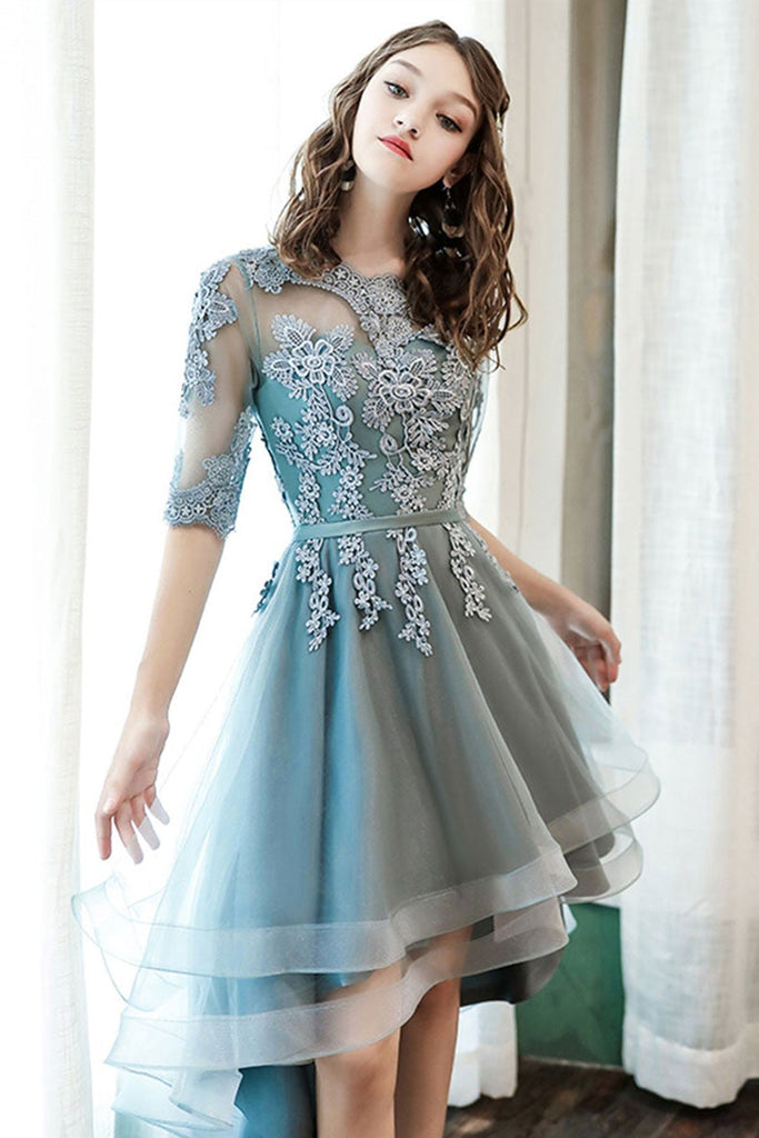 half prom dresses gray prom dress Gray Half Sleeves Two Pieces Lace Top Satin Long Prom Dresses, Two Pie abcprom