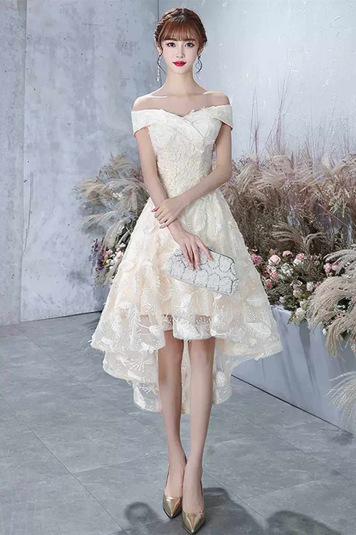 cocktail dresses high low High Low Off Shoulder Champagne Lace Prom Dresses, High Low Champagne – Lwt Dress
