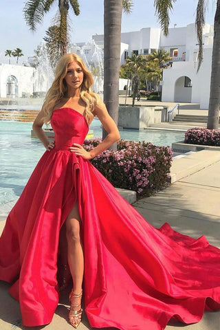 High Low Strapless Red Satin Long Prom Dresses, High Low Red Formal Dresses, Red Evening Dresses