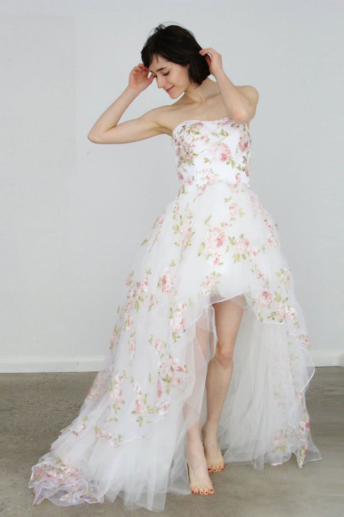 High Low Strapless White Floral Long Prom Dresses, High Low White Formal Dresses, White Evening Dresses with 3D Flowers
