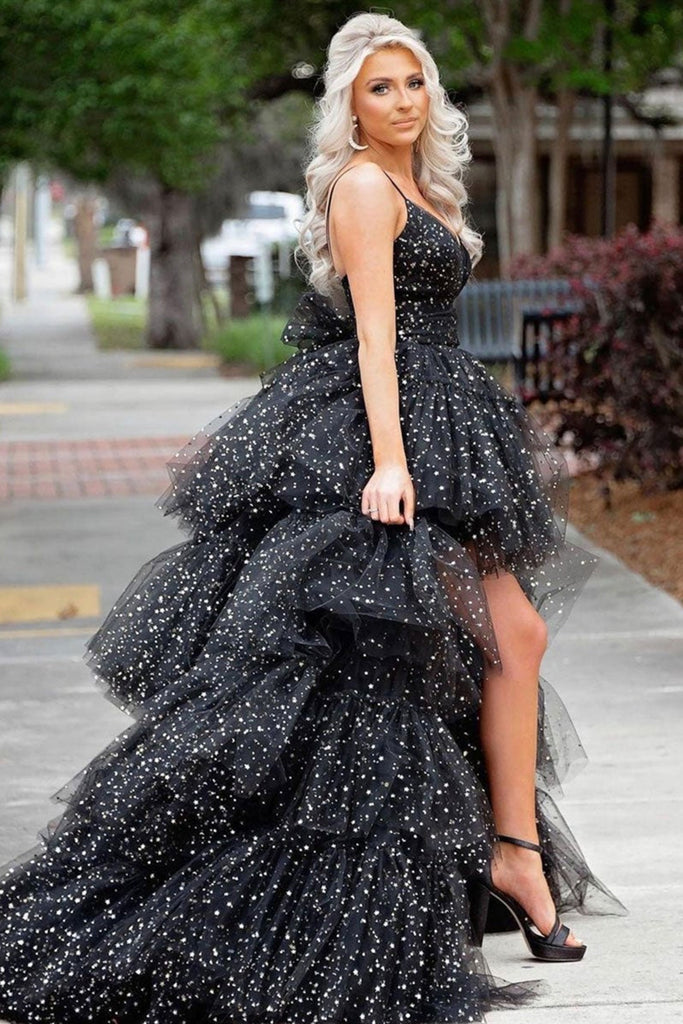 Elegant V Neck High Slit Black Long Prom Dress, V Neck Black Formal Dress,  Black Evening Dress
