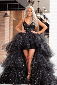 High Low V Neck Black Tulle Layered Long Prom Dresses, High Low Black Formal Dresses, Shiny Black Evening Dresses