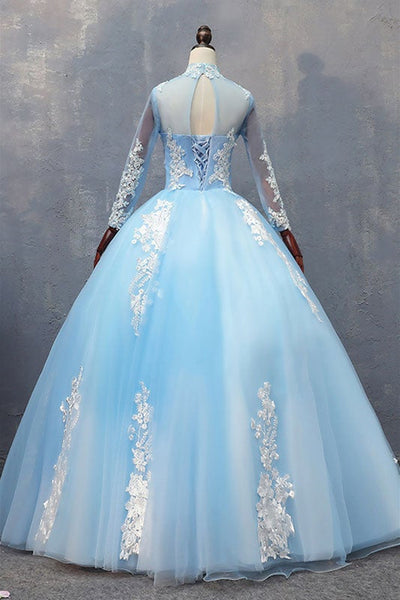 High Neck Long Sleeve Sky Blue Lace Prom Dresses, Sky Blue Lace Formal Evening Dresses, Sky Blue Ball Gown