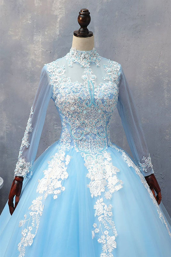 High Neck Long Sleeve Sky Blue Lace Prom Dresses, Sky Blue Lace Formal Lwt Dress High Neck Long Sleeve Sky Blue Lace Prom Dresses, Sky Blue Lace Formal Lwt Dress