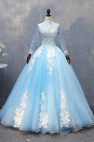 High Neck Long Sleeve Sky Blue Lace Prom Dresses, Sky Blue Lace Formal Evening Dresses, Sky Blue Ball Gown