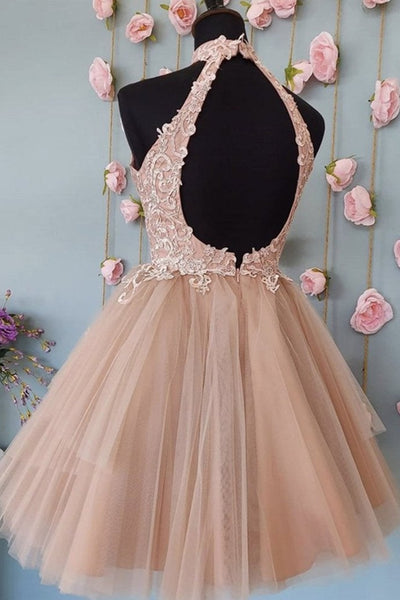 High Neck Open Back Champagne Lace Short Prom Dresses, Champagne Lace Homecoming Dresses, Champagne Formal Evening Dresses