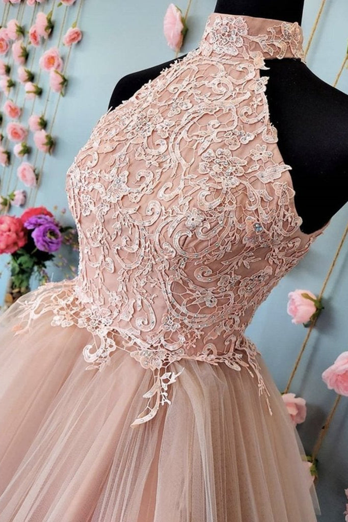 High Neck Open Back Champagne Lace Short Prom Dresses, Champagne Lace Lwt Dress High Neck Open Back Champagne Lace Short Prom Dresses, Champagne Lace Lwt Dress