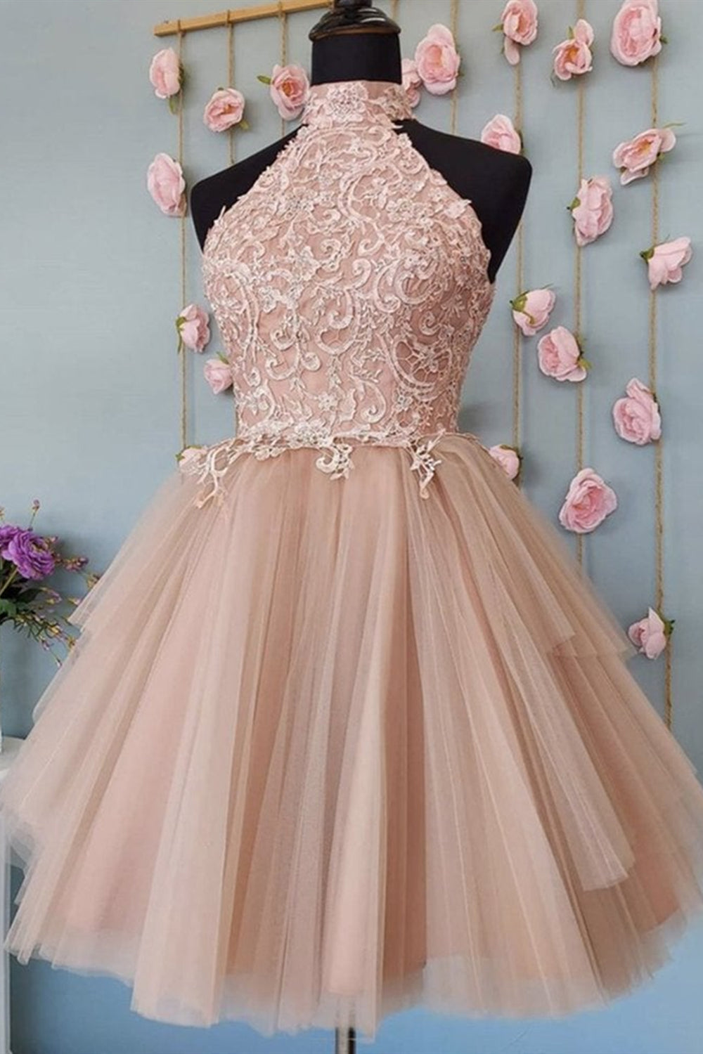 High Neck Open Back Champagne Lace Short Prom Dresses, Champagne Lace – Lwt Dress High Neck Open Back Champagne Lace Short Prom Dresses, Champagne Lace – Lwt Dress