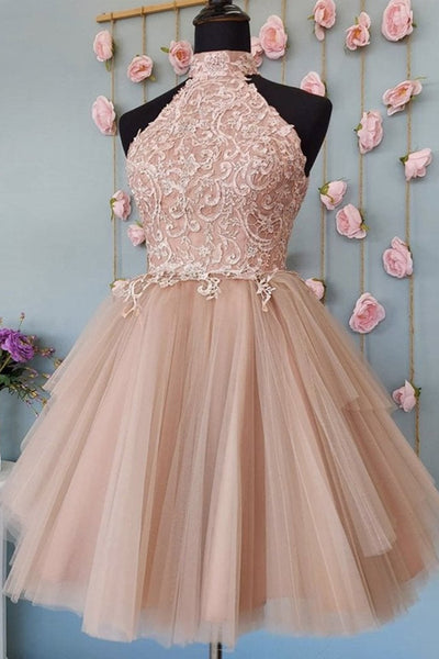 High Neck Open Back Champagne Lace Short Prom Dresses, Champagne Lace Homecoming Dresses, Champagne Formal Evening Dresses