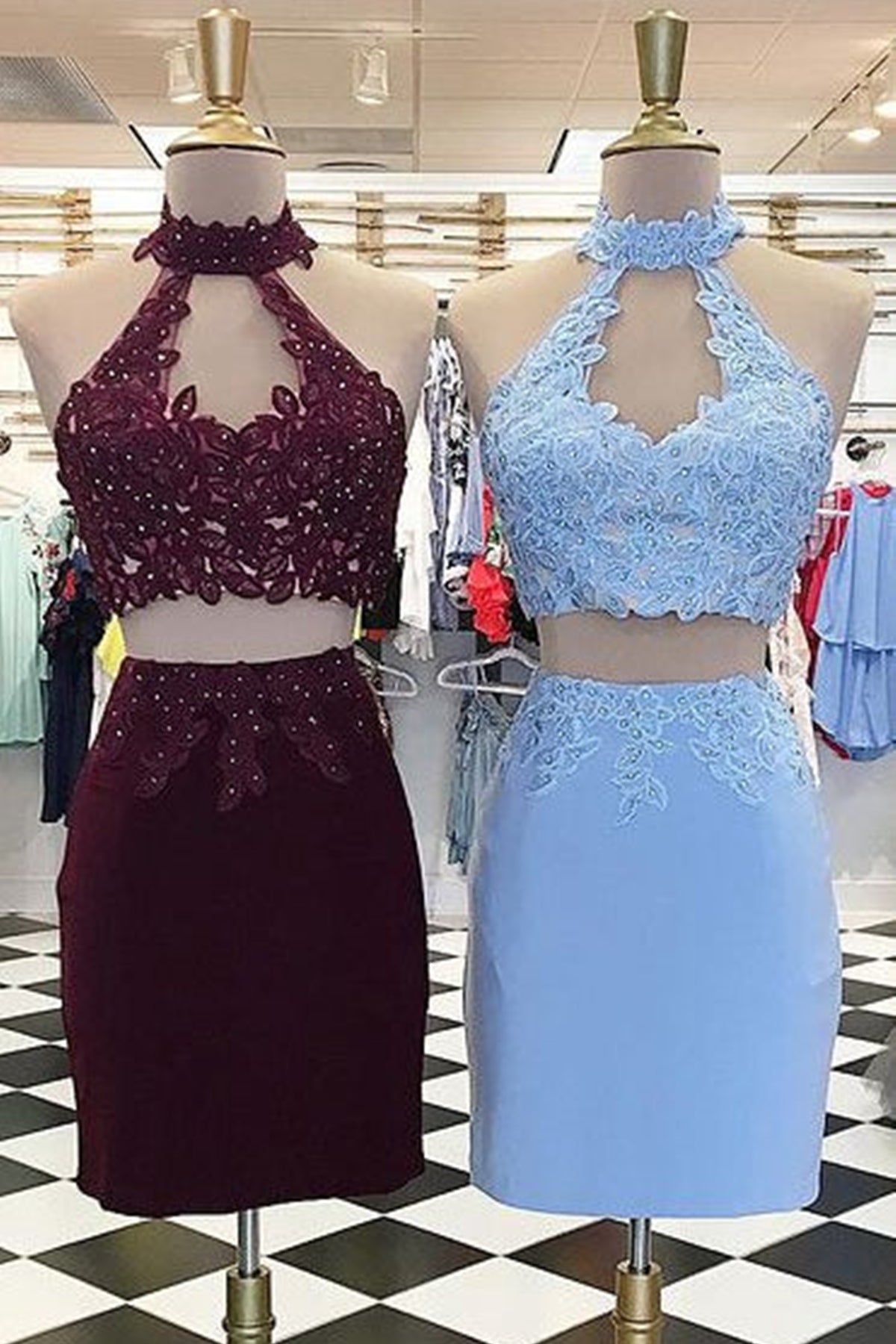 High Neck Two Pieces Maroon/Blue Lace Prom Homecoming Dresses, Mermaid Maroon/Blue Lace Formal Graduation Evening Dresses WT1020