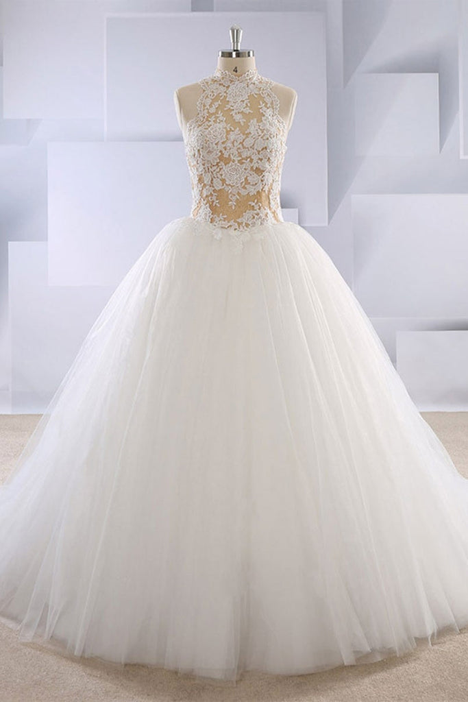 High Neck White Tulle Long Prom Dresses with Lace Top, Long White Lace Lwt Dress High Neck White Tulle Long Prom Dresses with Lace Top, Long White Lace Lwt Dress