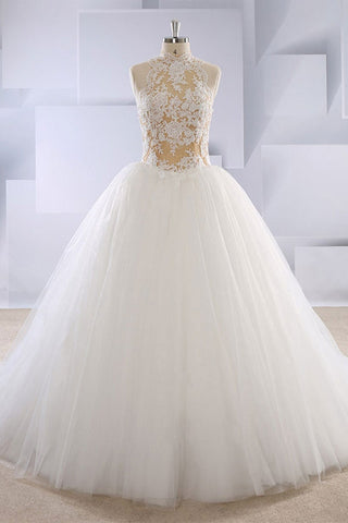 High Neck White Tulle Long Prom Dresses with Lace Top, Long White Lace Wedding Dresses, White Formal Evening Dresses