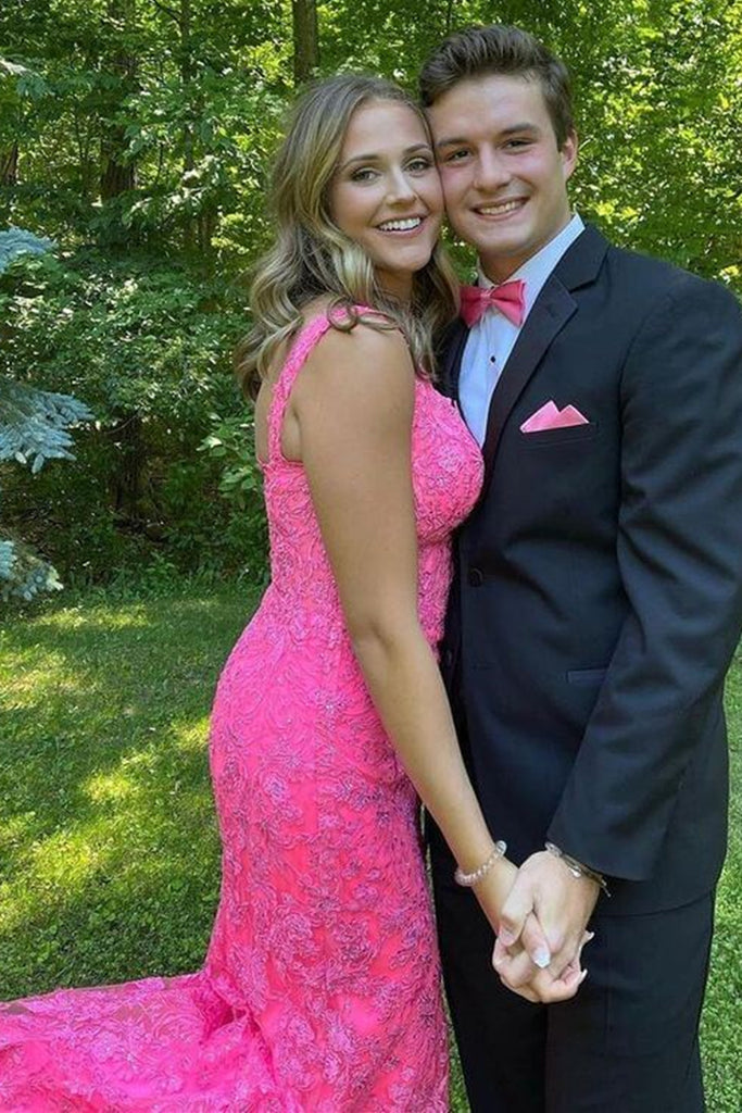 hot pink lace formal dress Hot Pink A-Line Tulle Lace Sweetheart Long Prom Dress, Hot Pink / 10