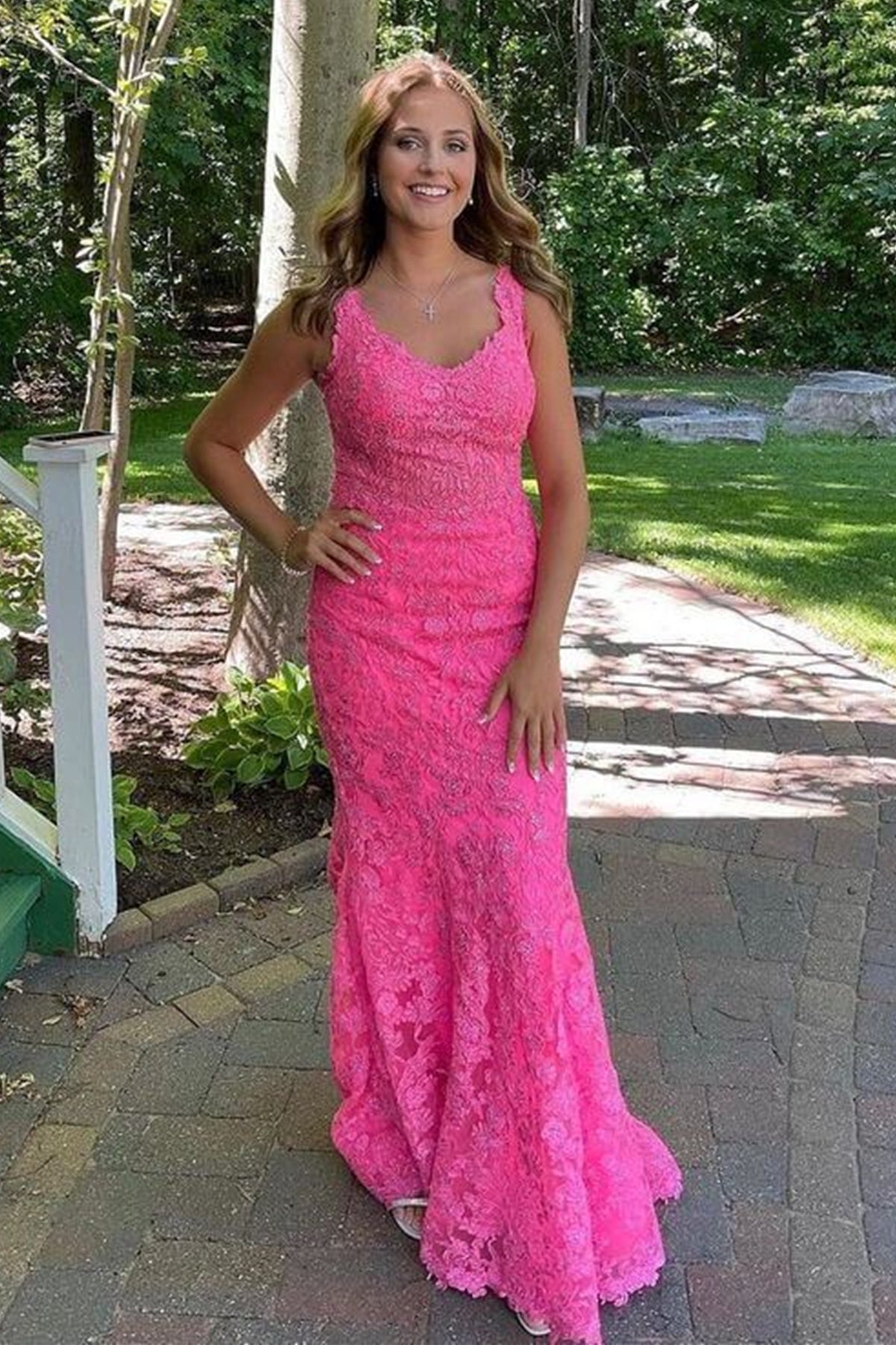 Hot Pink Lace A Line Long Prom Dresses, Hot Pink Lace Formal Dresses, Hot Pink Evening Dresses WT1138