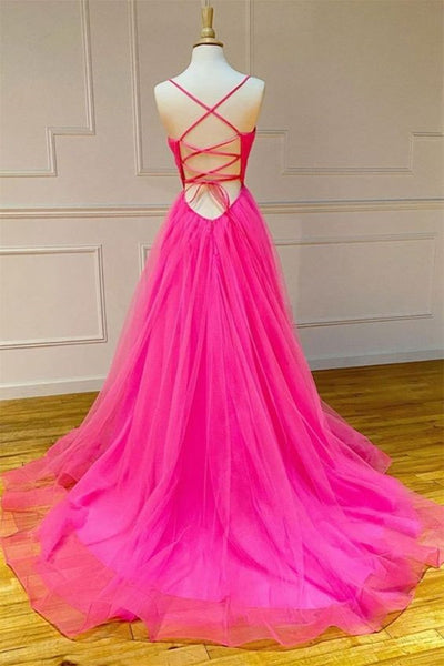 Hot Pink Tulle Long Prom Dresses A Line V Neck Backless Hot Pink Formal Graduation Evening Dresses