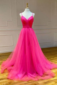 Hot Pink Tulle Long Prom Dresses A Line V Neck Backless Hot Pink Formal Graduation Evening Dresses