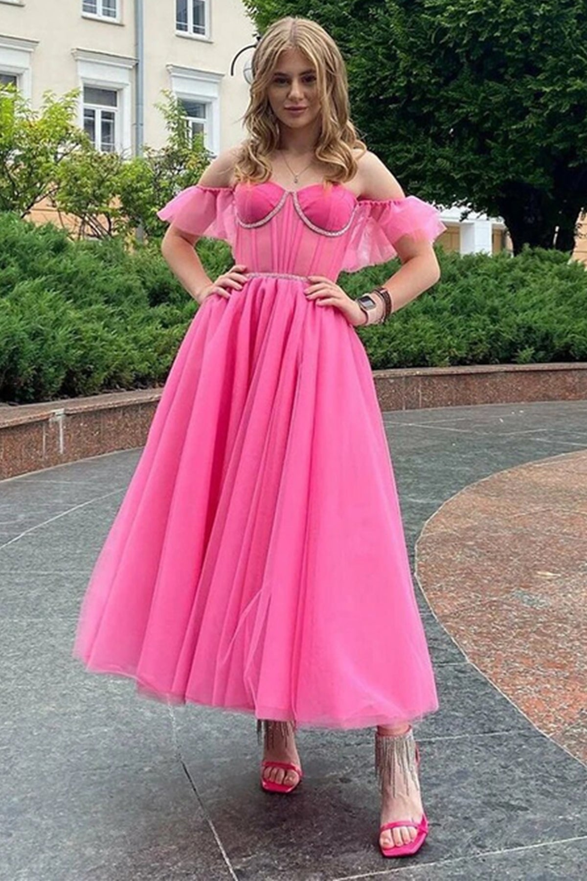 Hot Pink Tulle Off the Shoulder Tea Length Prom Dresses, Off Shoulder Lwt Dress Hot Pink Tulle Off the Shoulder Tea Length Prom Dresses, Off Shoulder Lwt Dress