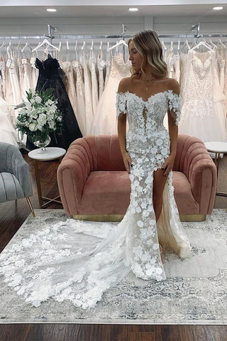 Ivory Lace Floral Off Shoulder Long Prom Dresses with High Slit, Ivory Lace Formal Dresses with Train, Ivory Evening Dresses WT1089
