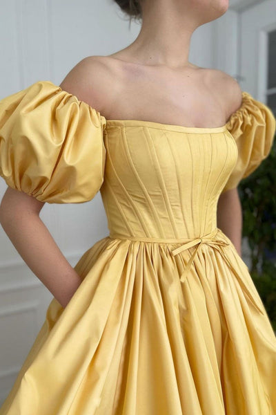 Lantern Sleeve High Slit Yellow Long Prom Dresses with Pocket, Lantern Sleeve Yellow Formal Evening Dresses