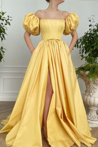 Lantern Sleeve High Slit Yellow Long Prom Dresses with Pocket, Lantern Sleeve Yellow Formal Evening Dresses