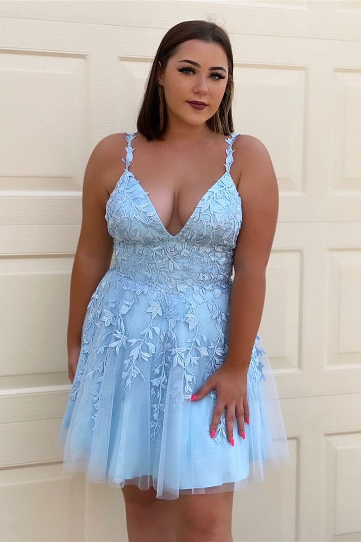 Light Blue A Line V Neck Lace Short Prom Dresses, Blue Lace Homecoming Lwt Dress Light Blue A Line V Neck Lace Short Prom Dresses, Blue Lace Homecoming Lwt Dress
